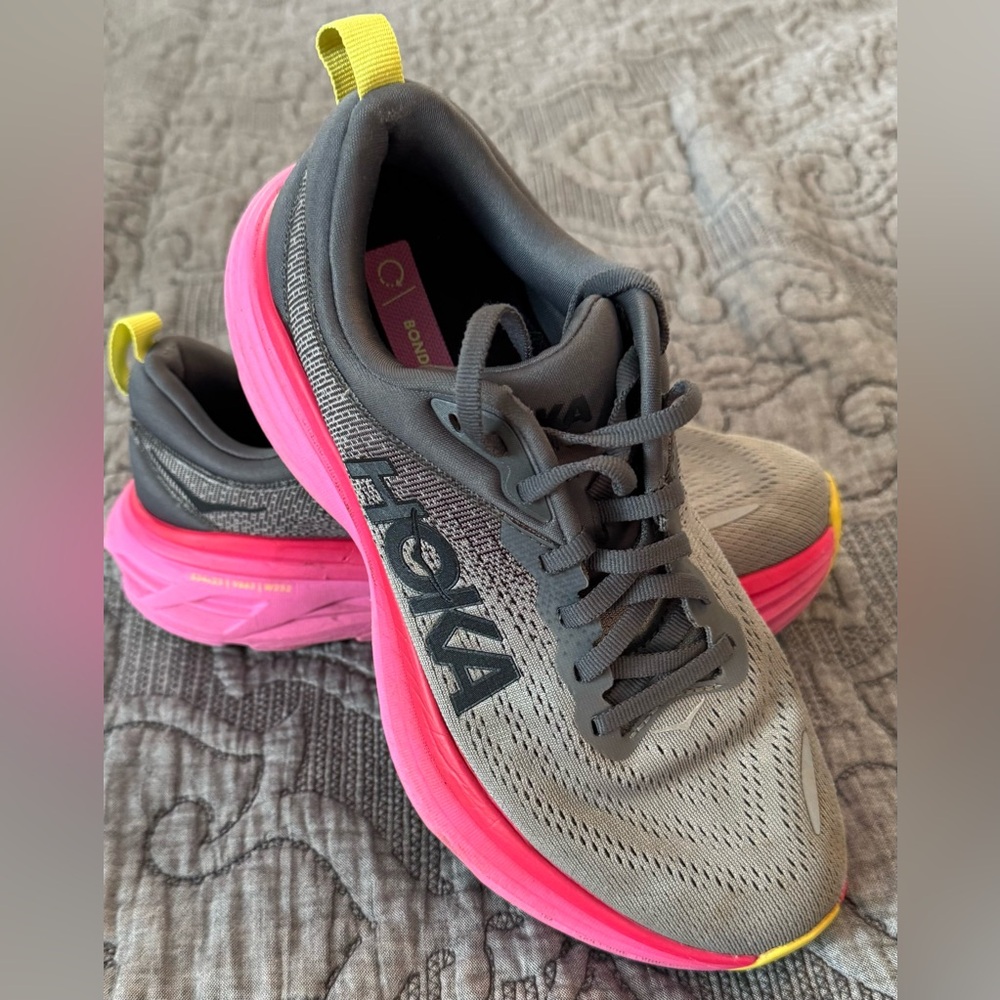 Hoka Bondi 8 Castlerock and Strawberry Ladies Size 7